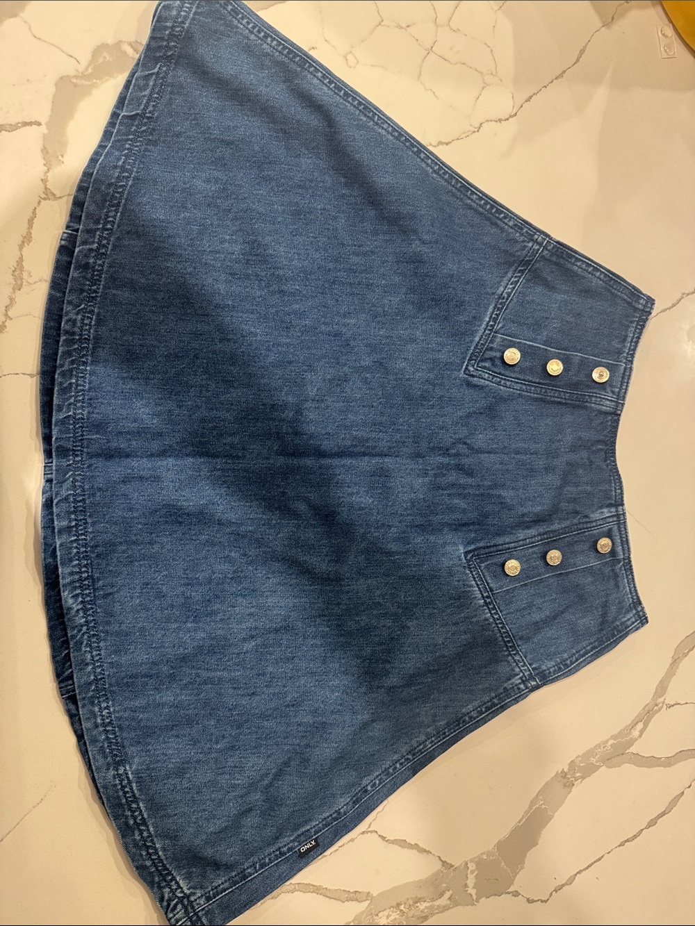 High-Waist Denim Circle Skirt with Button Accents - Blue